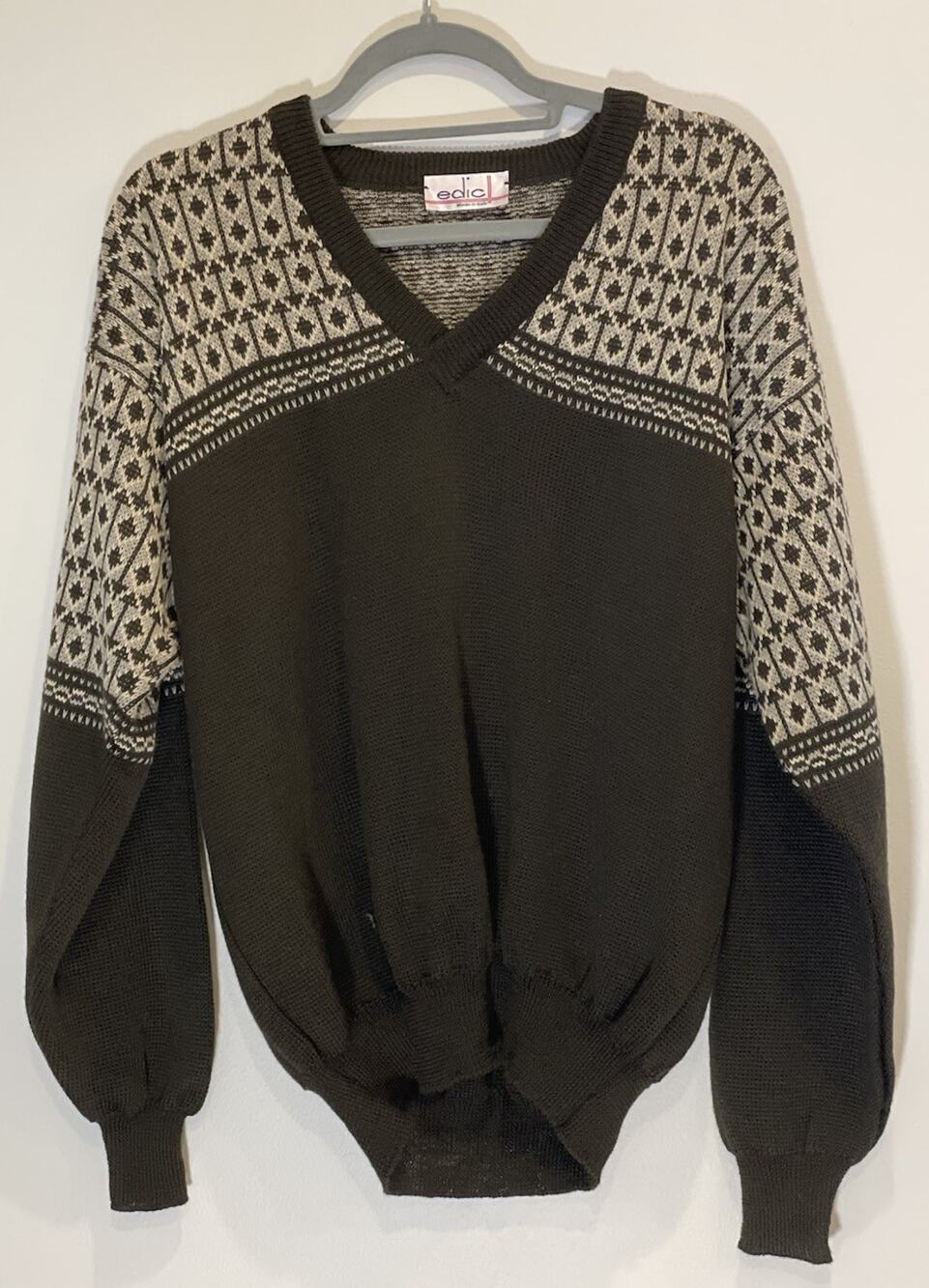 Vintage 70’s Edic Brown & Gray Geometric Knit V-neck Sweater Made in Italy Med?